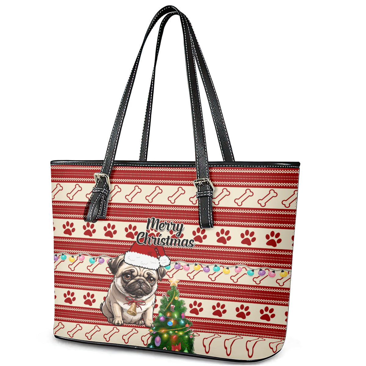 Custom Dog Christmas Leather Tote Bag Cute Pug Dog With Xmas Tree - Wonder Print Shop