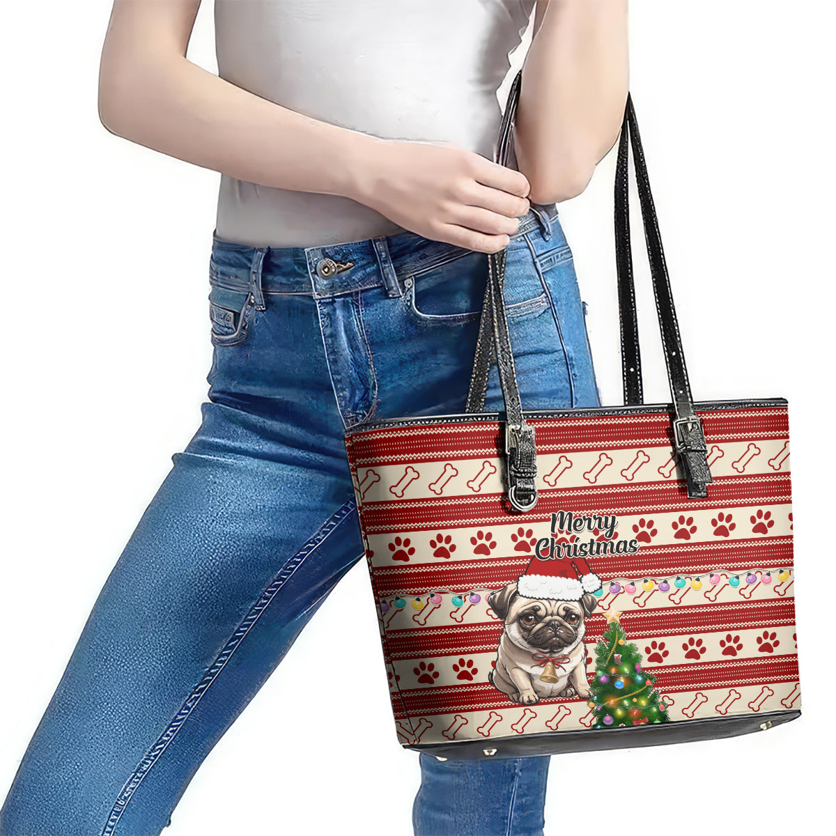 Custom Dog Christmas Leather Tote Bag Cute Pug Dog With Xmas Tree - Wonder Print Shop