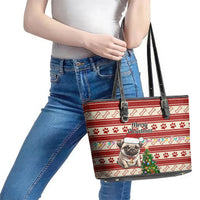 Custom Dog Christmas Leather Tote Bag Cute Pug Dog With Xmas Tree - Wonder Print Shop