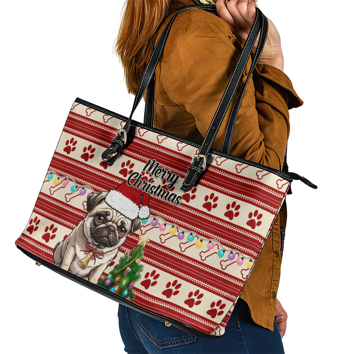 Custom Dog Christmas Leather Tote Bag Cute Pug Dog With Xmas Tree - Wonder Print Shop