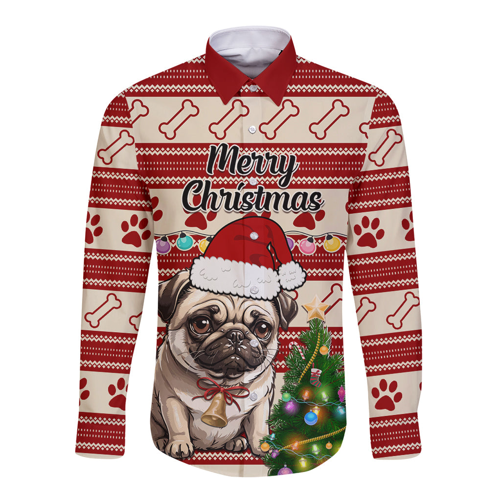 Custom Dog Christmas Long Sleeve Button Shirt Cute Pug Dog With Xmas Tree - Wonder Print Shop