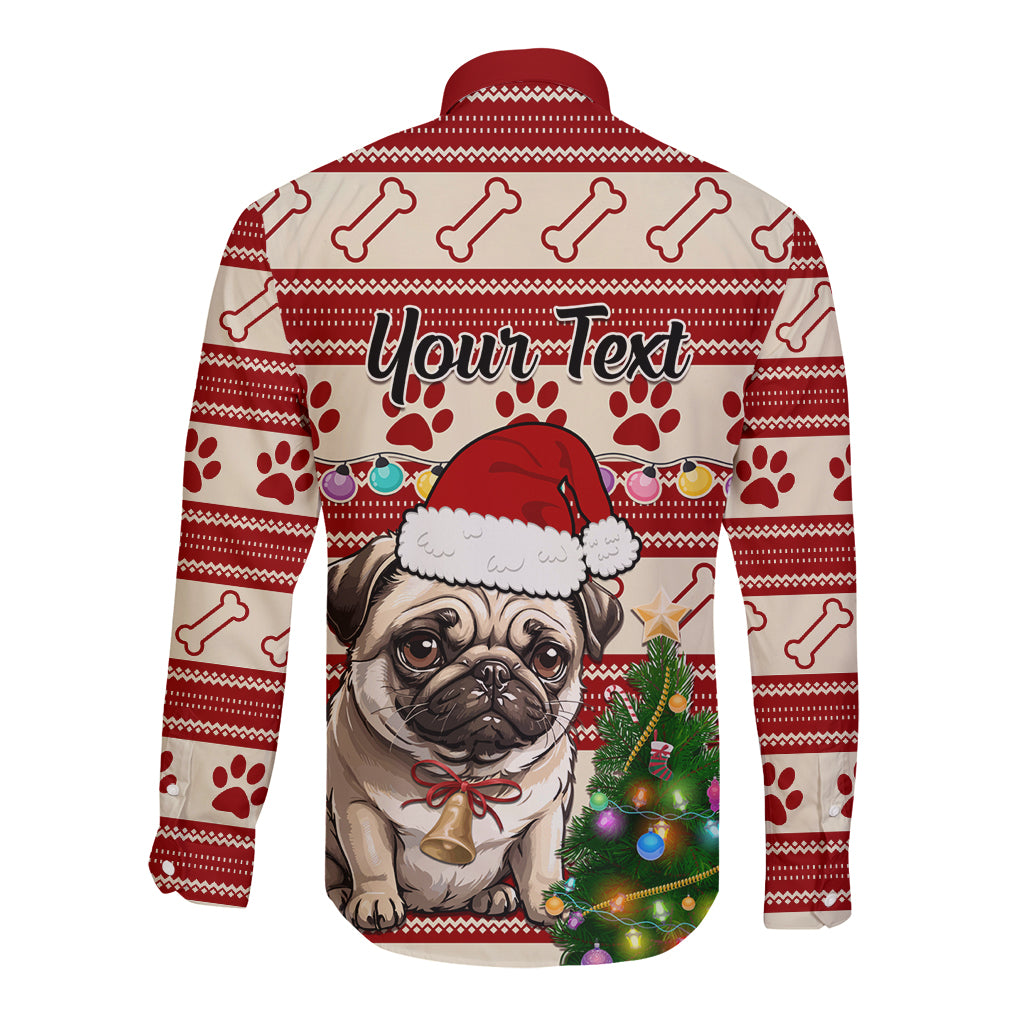 Custom Dog Christmas Long Sleeve Button Shirt Cute Pug Dog With Xmas Tree - Wonder Print Shop