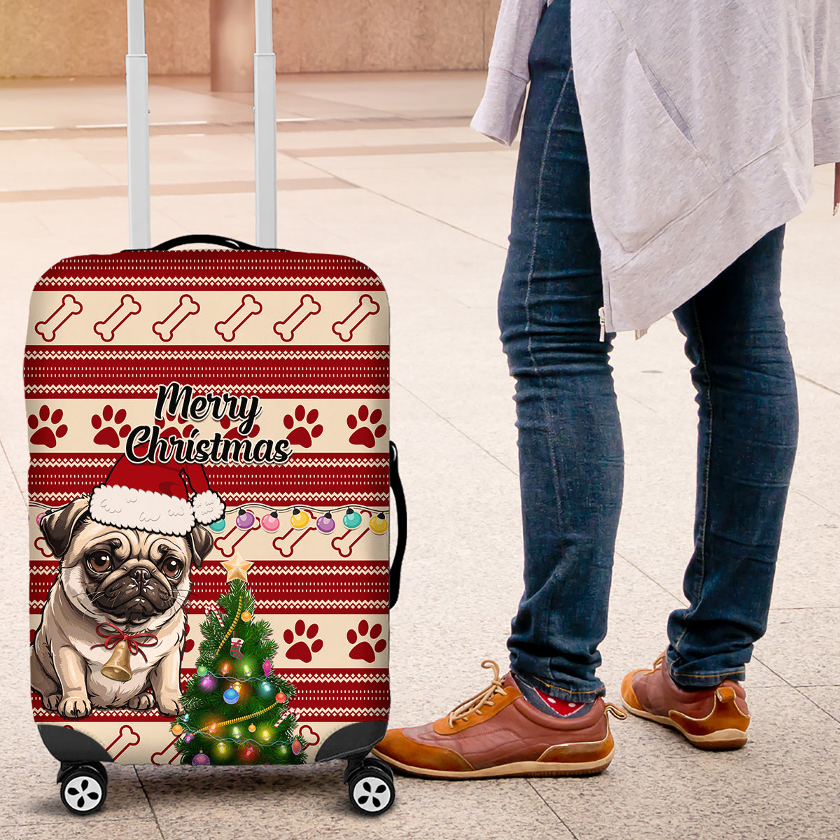 Custom Dog Christmas Luggage Cover Cute Pug Dog With Xmas Tree - Wonder Print Shop