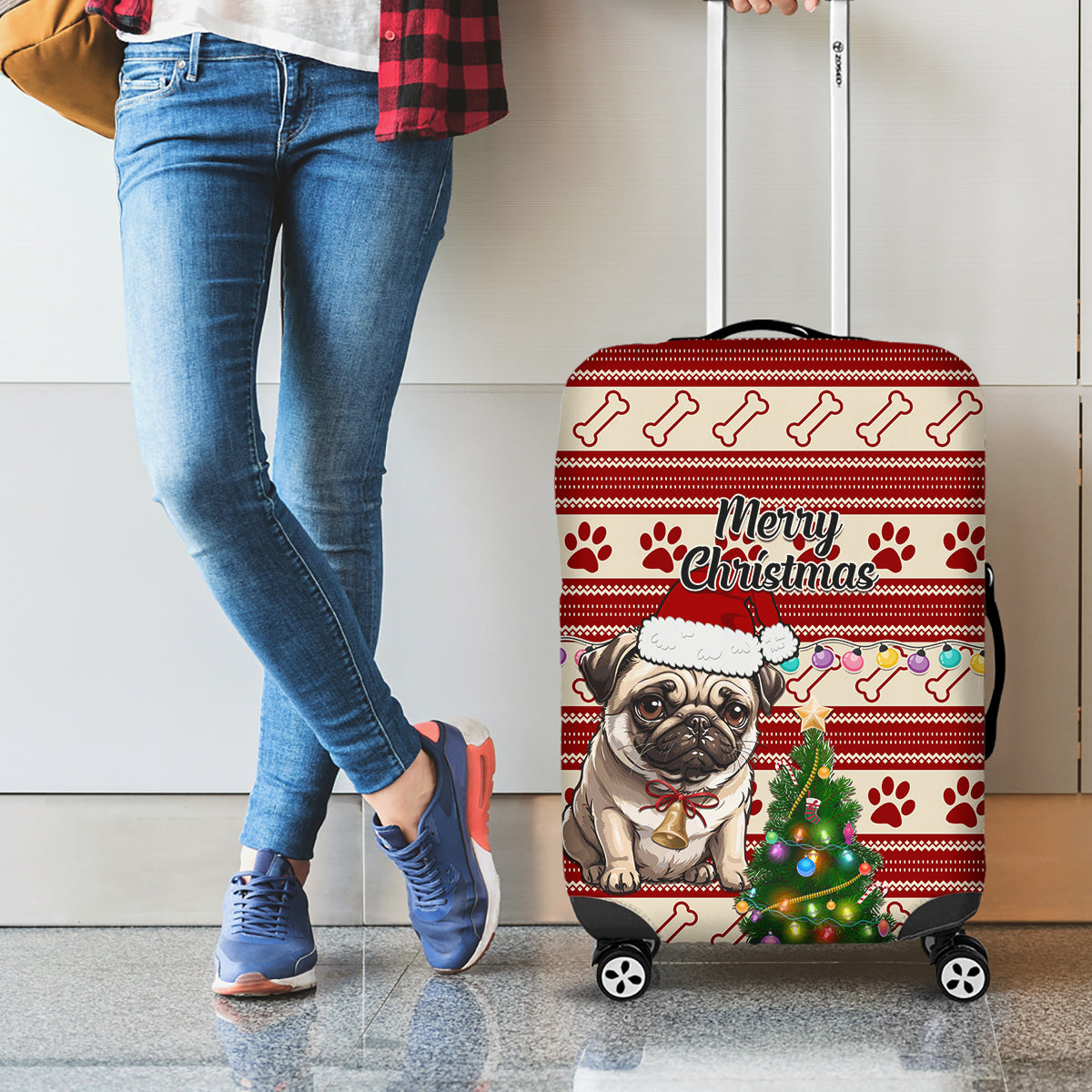 Custom Dog Christmas Luggage Cover Cute Pug Dog With Xmas Tree - Wonder Print Shop