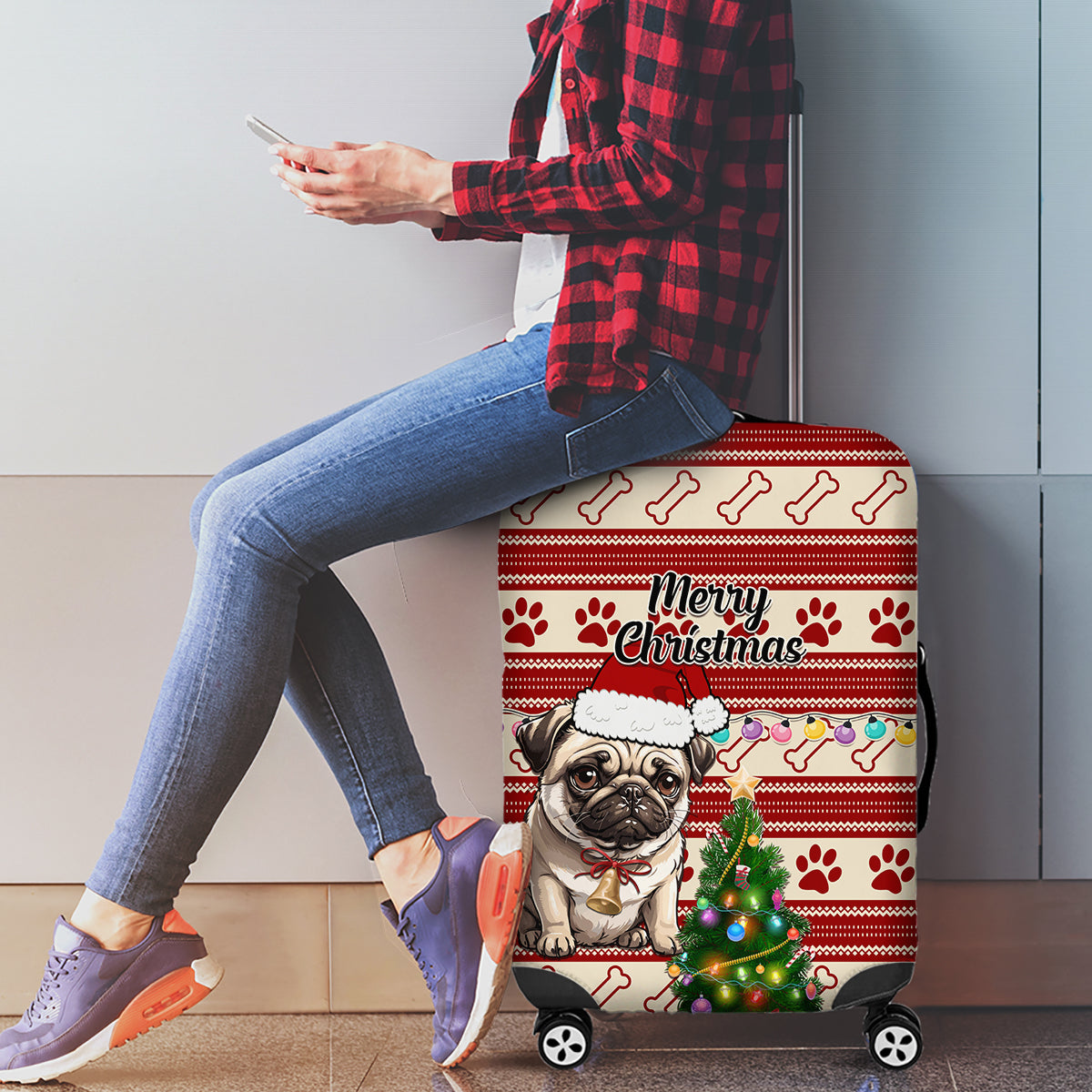 Custom Dog Christmas Luggage Cover Cute Pug Dog With Xmas Tree - Wonder Print Shop