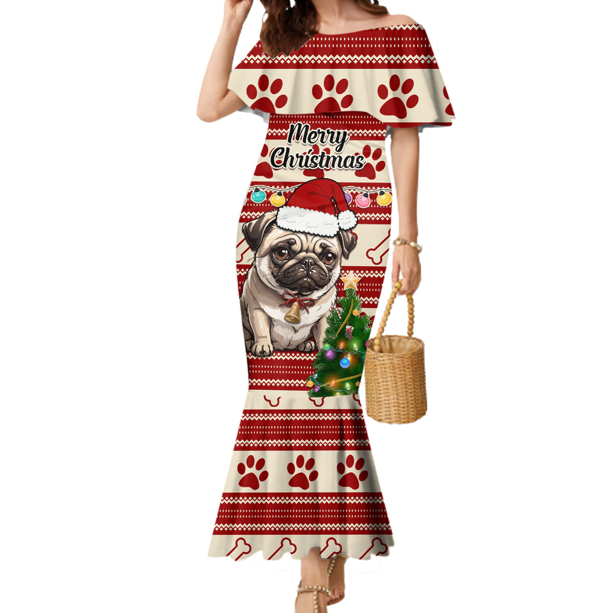 Custom Dog Christmas Mermaid Dress Cute Pug Dog With Xmas Tree - Wonder Print Shop