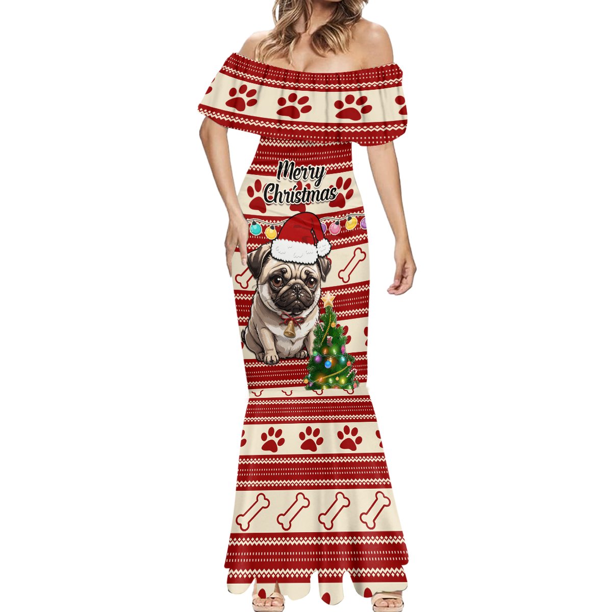 Custom Dog Christmas Mermaid Dress Cute Pug Dog With Xmas Tree - Wonder Print Shop