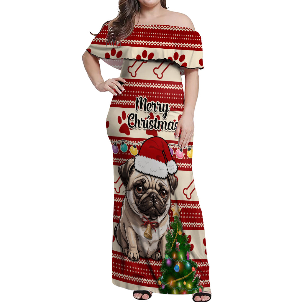 Custom Dog Christmas Off Shoulder Maxi Dress Cute Pug Dog With Xmas Tree - Wonder Print Shop