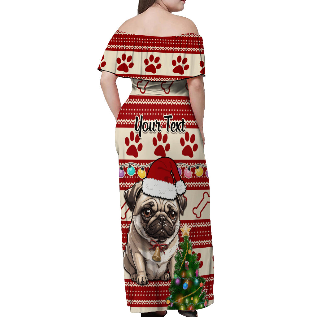 Custom Dog Christmas Off Shoulder Maxi Dress Cute Pug Dog With Xmas Tree - Wonder Print Shop