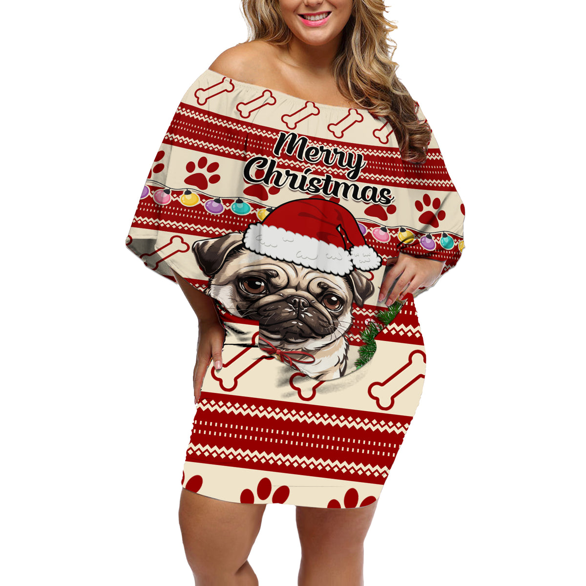 Custom Dog Christmas Off Shoulder Short Dress Cute Pug Dog With Xmas Tree - Wonder Print Shop
