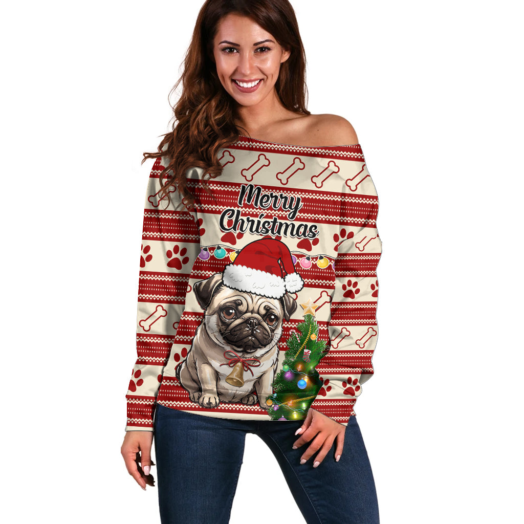 Custom Dog Christmas Off Shoulder Sweater Cute Pug Dog With Xmas Tree - Wonder Print Shop