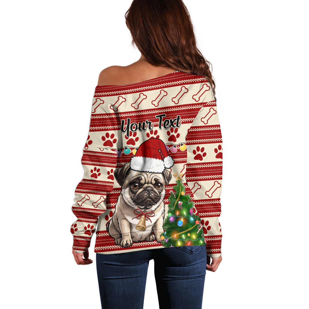 Custom Dog Christmas Off Shoulder Sweater Cute Pug Dog With Xmas Tree - Wonder Print Shop