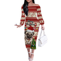 Custom Dog Christmas Off The Shoulder Long Sleeve Dress Cute Pug Dog With Xmas Tree - Wonder Print Shop
