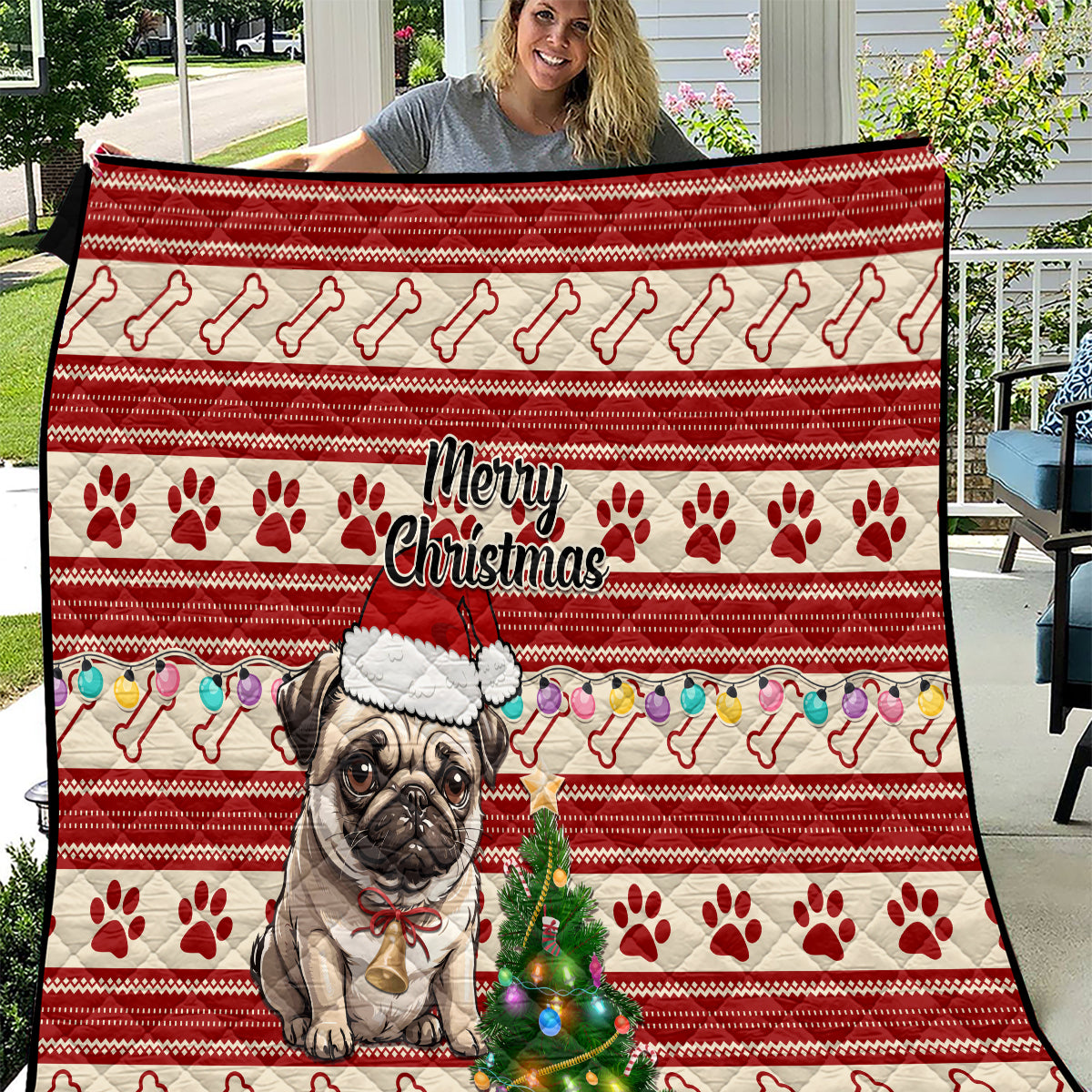 Custom Dog Christmas Quilt Cute Pug Dog With Xmas Tree - Wonder Print Shop