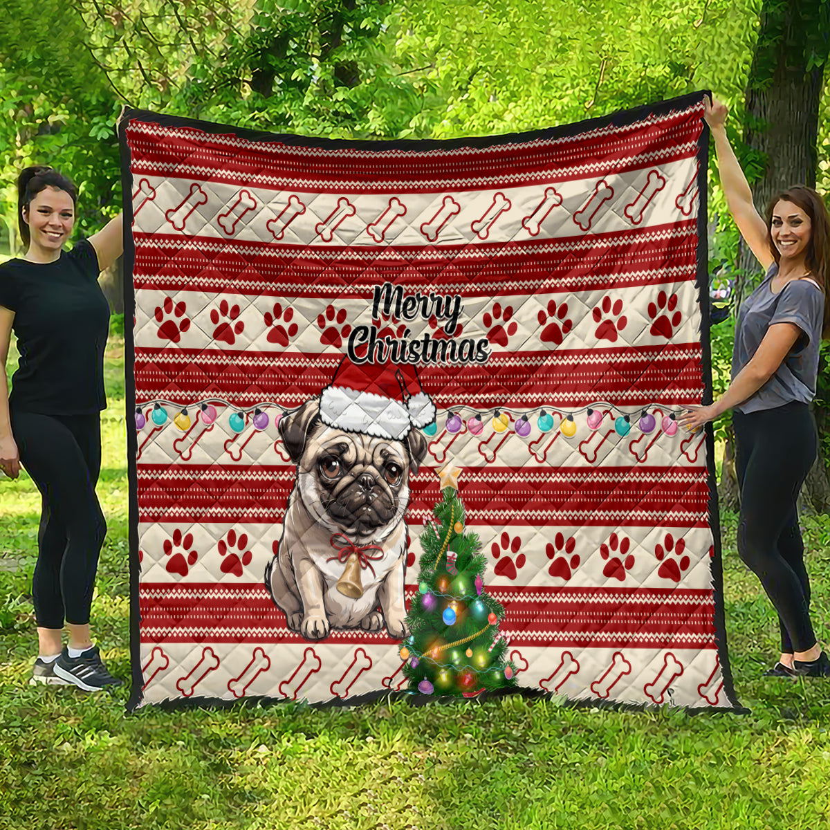 Custom Dog Christmas Quilt Cute Pug Dog With Xmas Tree - Wonder Print Shop