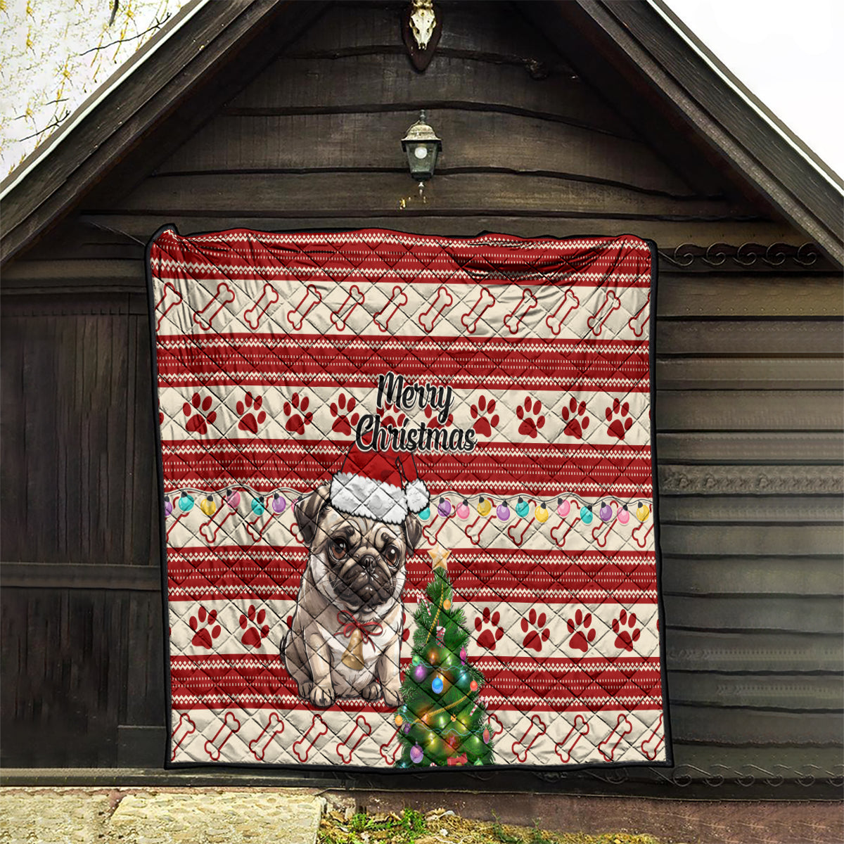 Custom Dog Christmas Quilt Cute Pug Dog With Xmas Tree - Wonder Print Shop