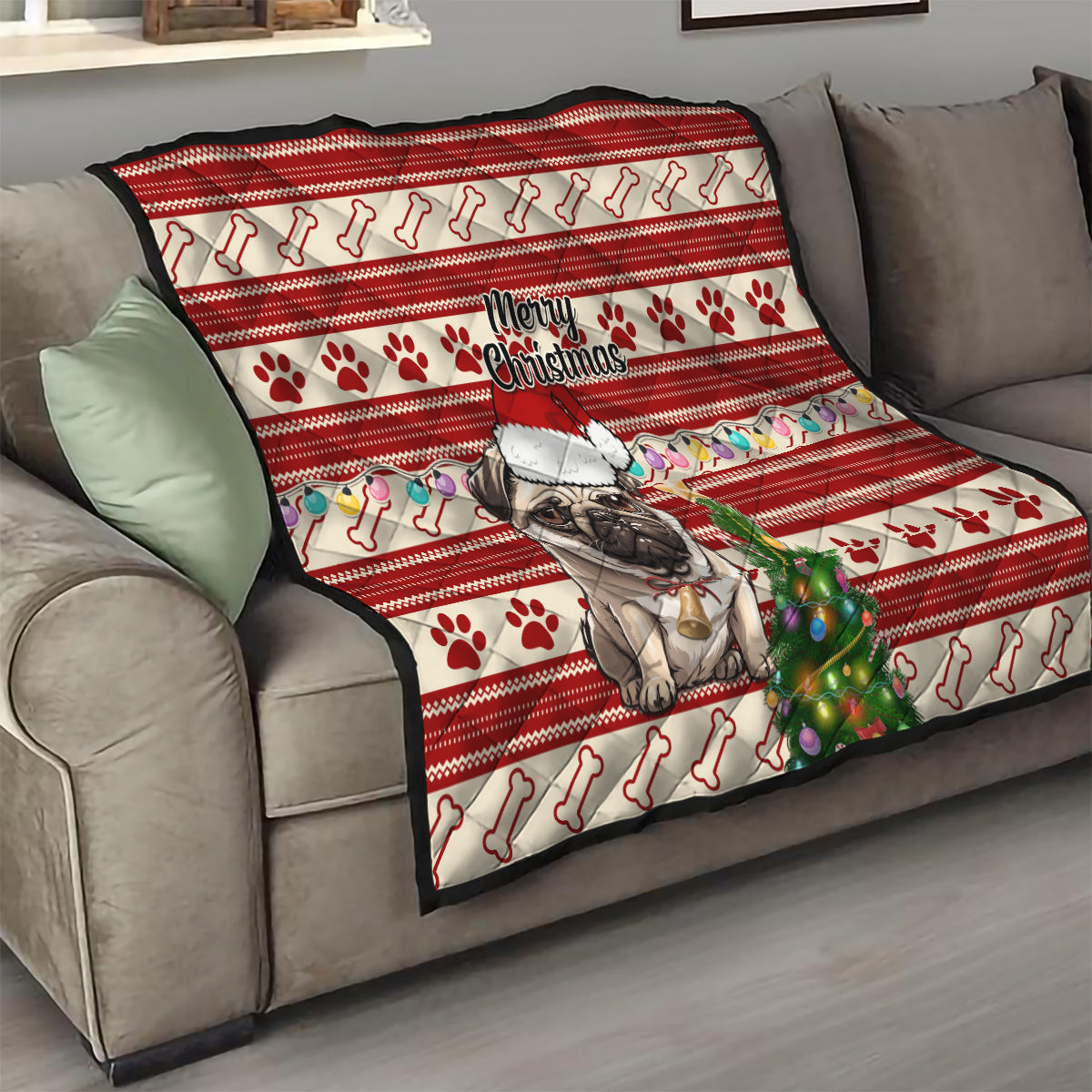 Custom Dog Christmas Quilt Cute Pug Dog With Xmas Tree - Wonder Print Shop