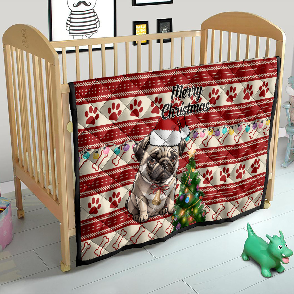 Custom Dog Christmas Quilt Cute Pug Dog With Xmas Tree - Wonder Print Shop