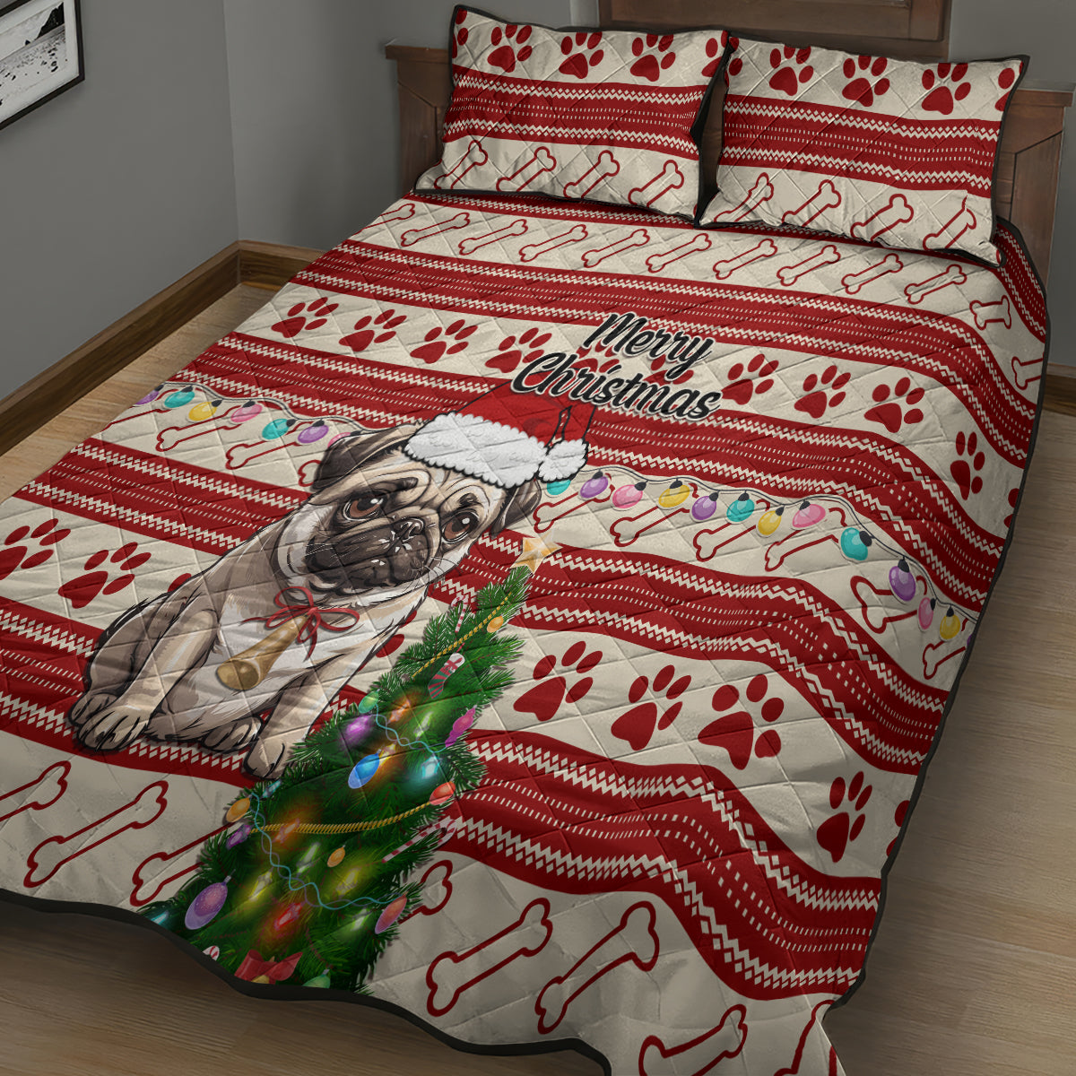 Custom Dog Christmas Quilt Bed Set Cute Pug Dog With Xmas Tree - Wonder Print Shop