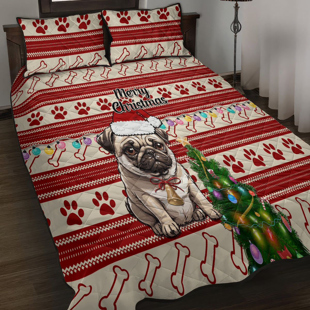 Custom Dog Christmas Quilt Bed Set Cute Pug Dog With Xmas Tree - Wonder Print Shop