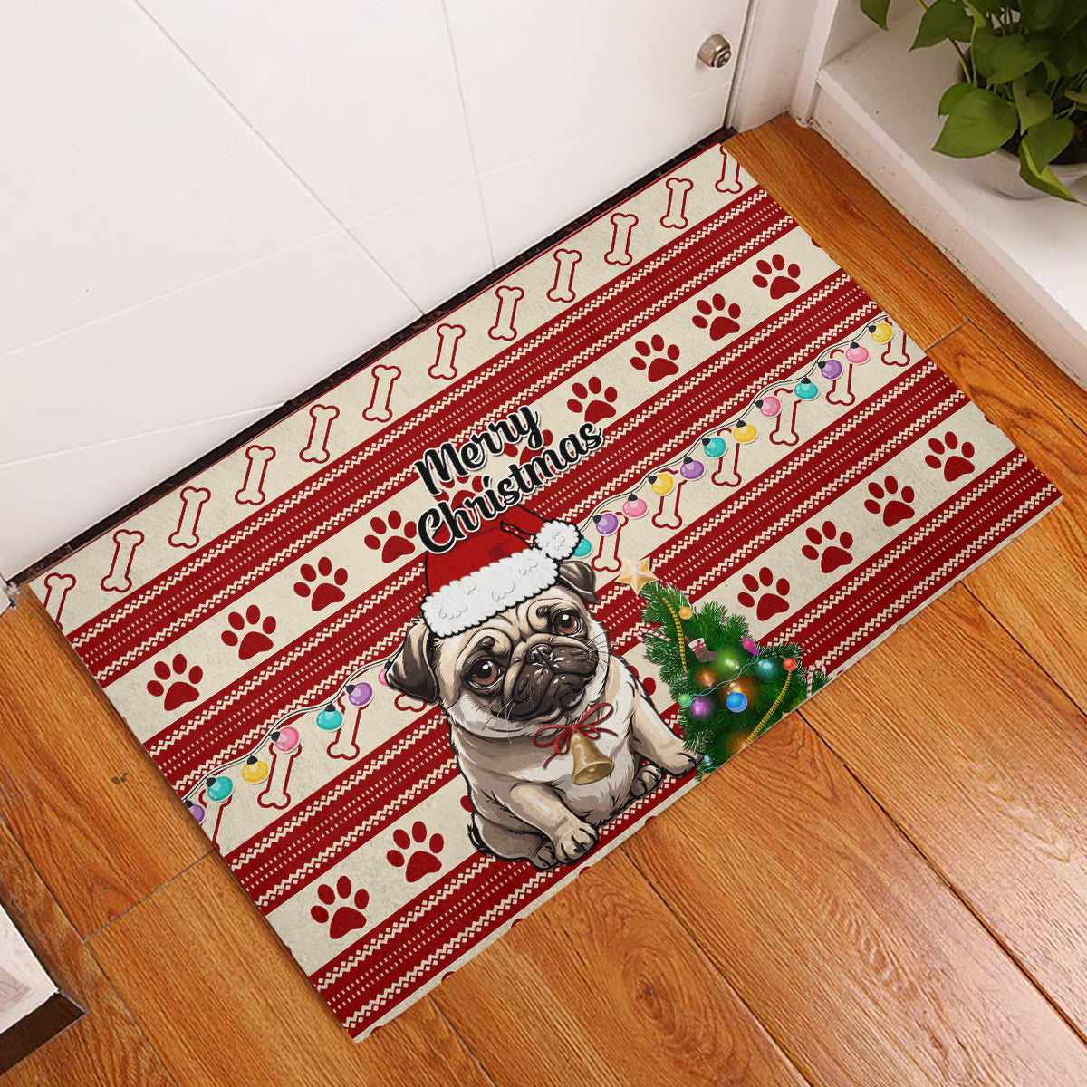 Custom Dog Christmas Rubber Doormat Cute Pug Dog With Xmas Tree - Wonder Print Shop