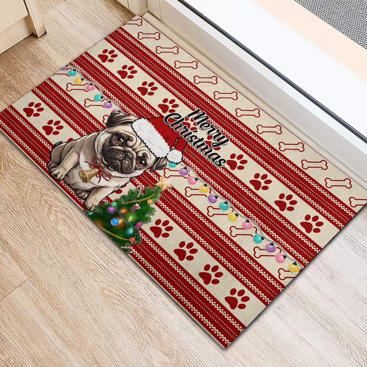 Custom Dog Christmas Rubber Doormat Cute Pug Dog With Xmas Tree - Wonder Print Shop