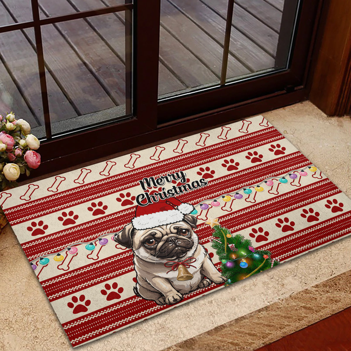 Custom Dog Christmas Rubber Doormat Cute Pug Dog With Xmas Tree - Wonder Print Shop