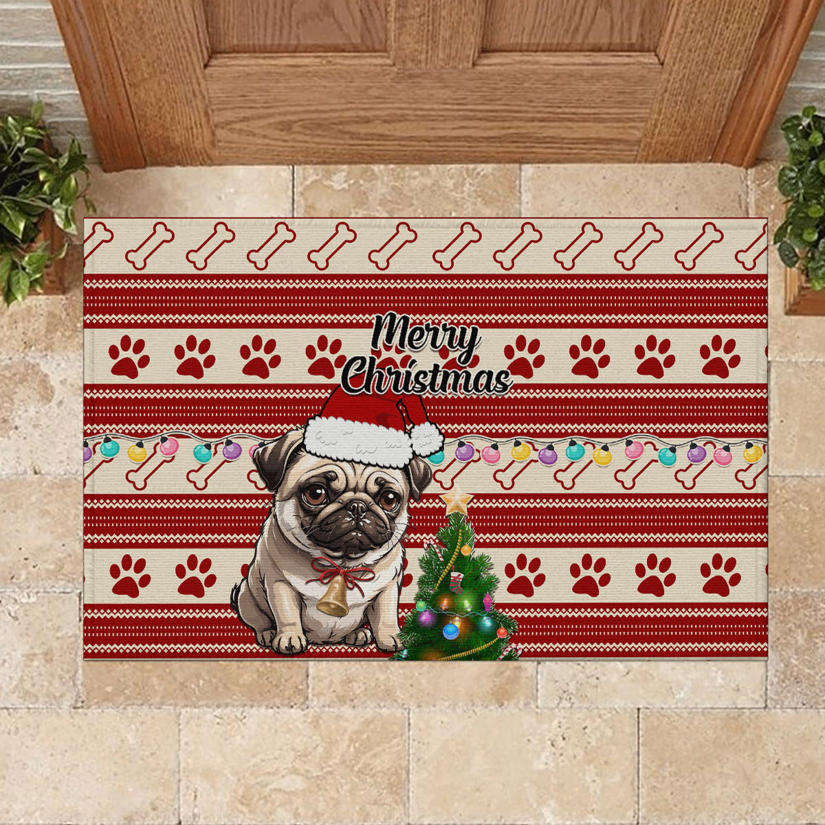Custom Dog Christmas Rubber Doormat Cute Pug Dog With Xmas Tree - Wonder Print Shop