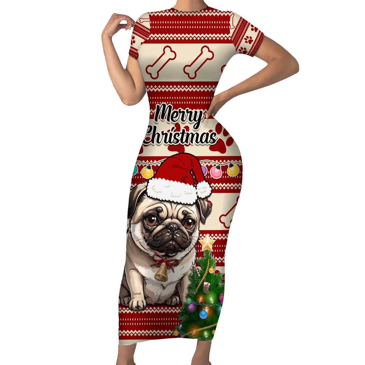 Custom Dog Christmas Short Sleeve Bodycon Dress Cute Pug Dog With Xmas Tree - Wonder Print Shop