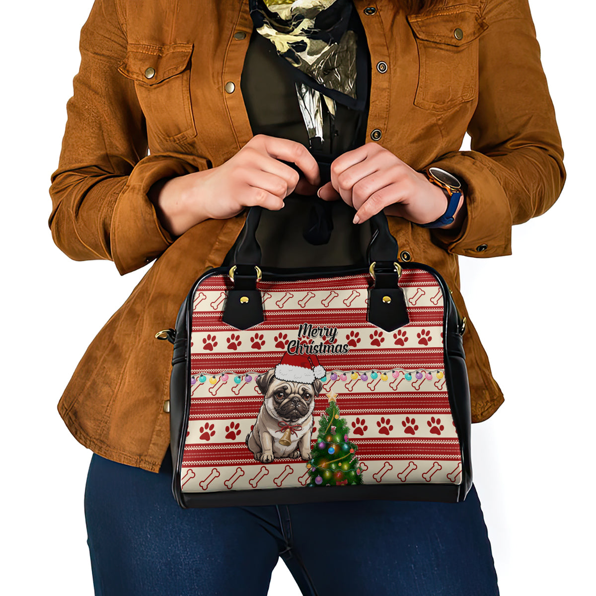 custom-dog-christmas-shoulder-handbag-cute-pug-dog-with-xmas-tree