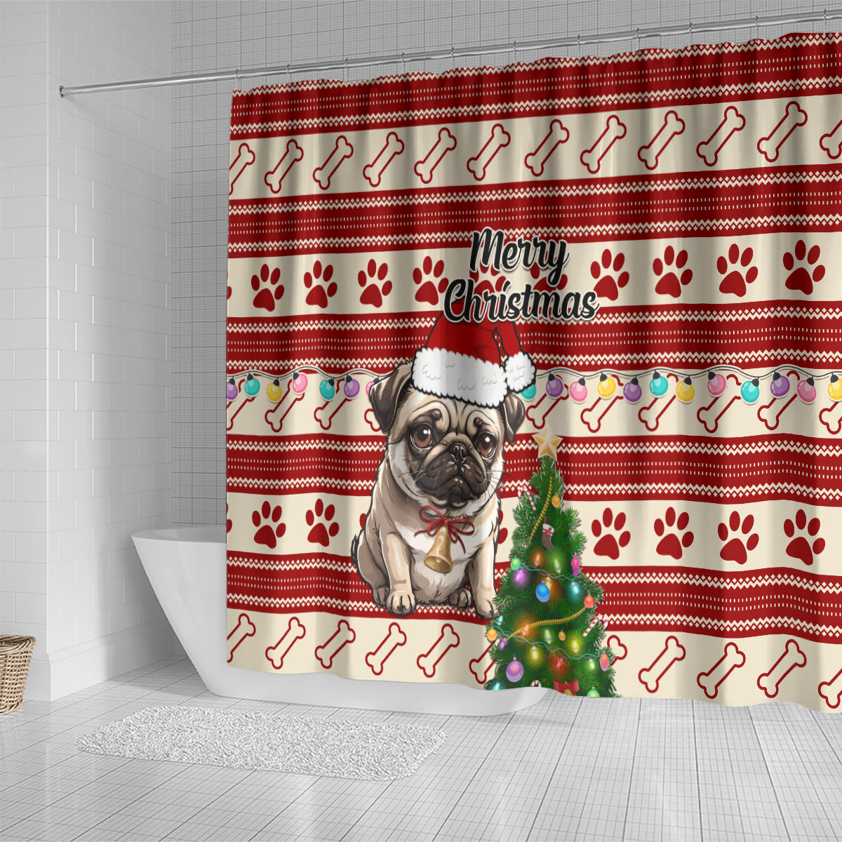 custom-dog-christmas-shower-curtain-cute-pug-dog-with-xmas-tree