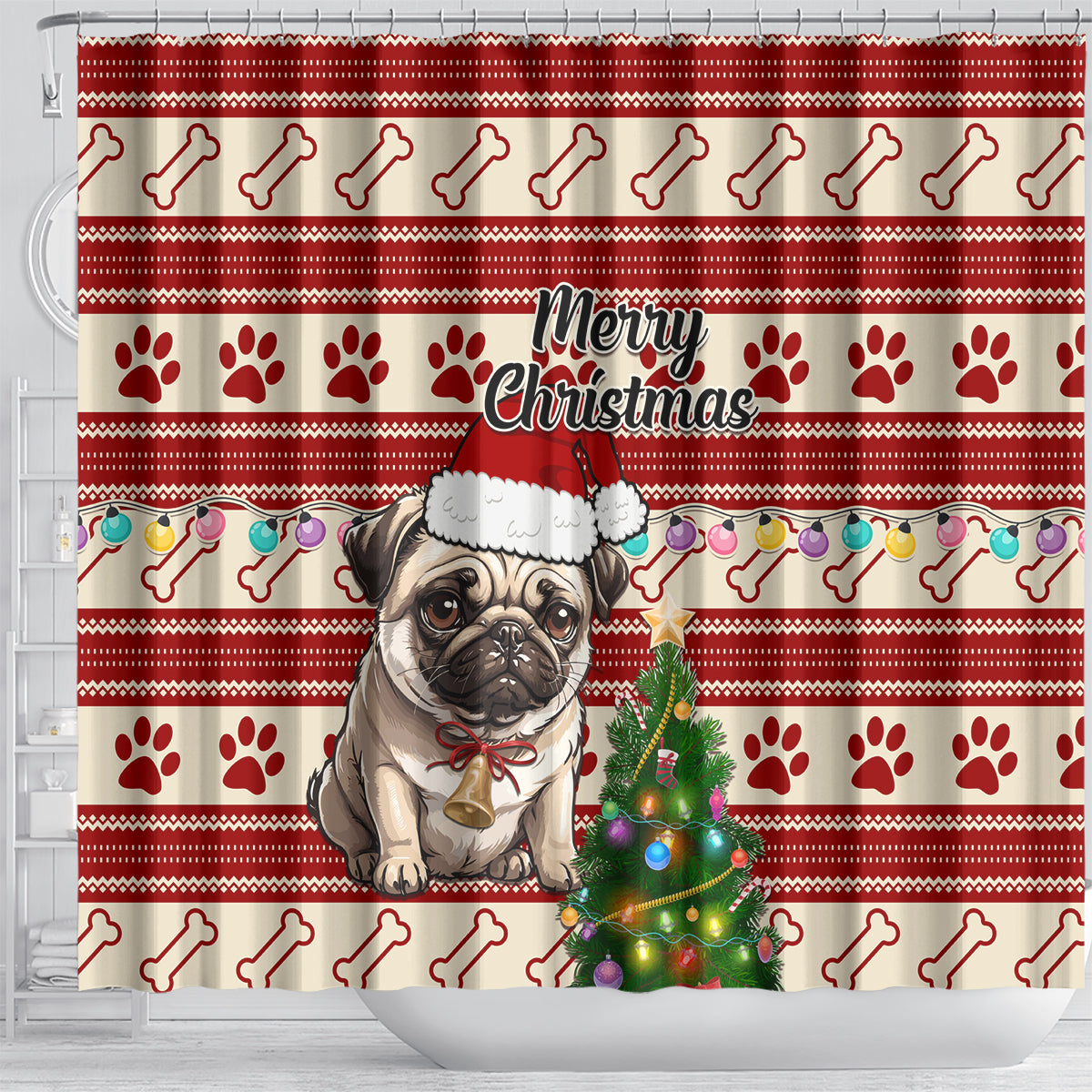 custom-dog-christmas-shower-curtain-cute-pug-dog-with-xmas-tree