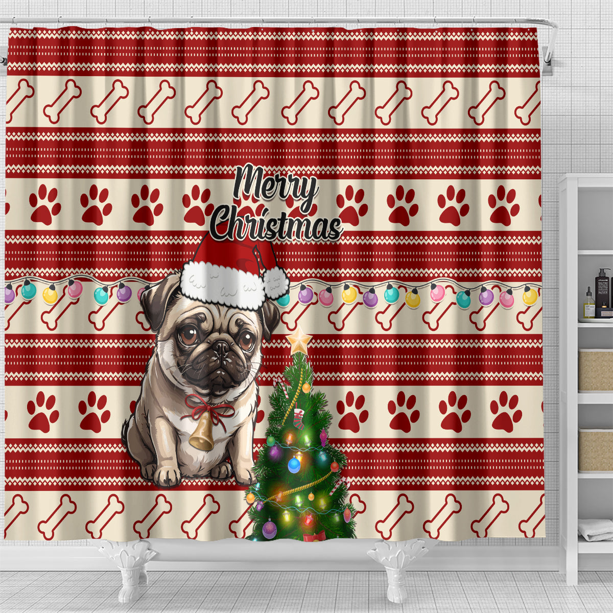 custom-dog-christmas-shower-curtain-cute-pug-dog-with-xmas-tree