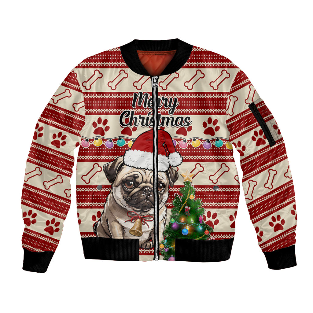 Custom Dog Christmas Sleeve Zip Bomber Jacket Cute Pug Dog With Xmas Tree - Wonder Print Shop