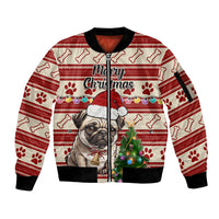 Custom Dog Christmas Sleeve Zip Bomber Jacket Cute Pug Dog With Xmas Tree - Wonder Print Shop
