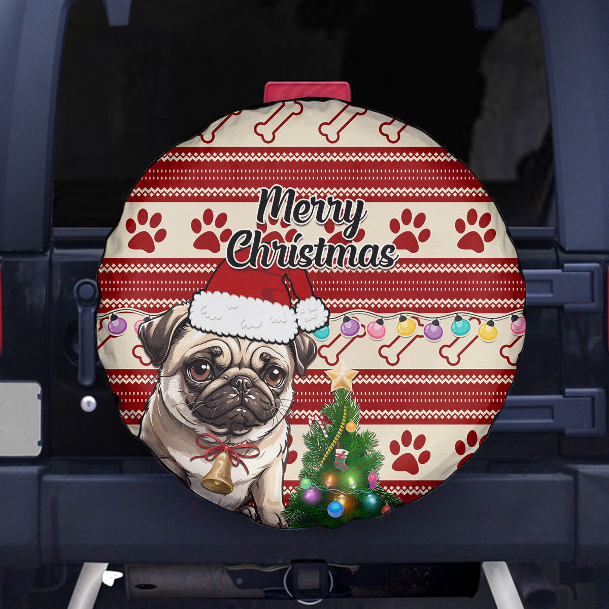 Custom Dog Christmas Spare Tire Cover Cute Pug Dog With Xmas Tree - Wonder Print Shop