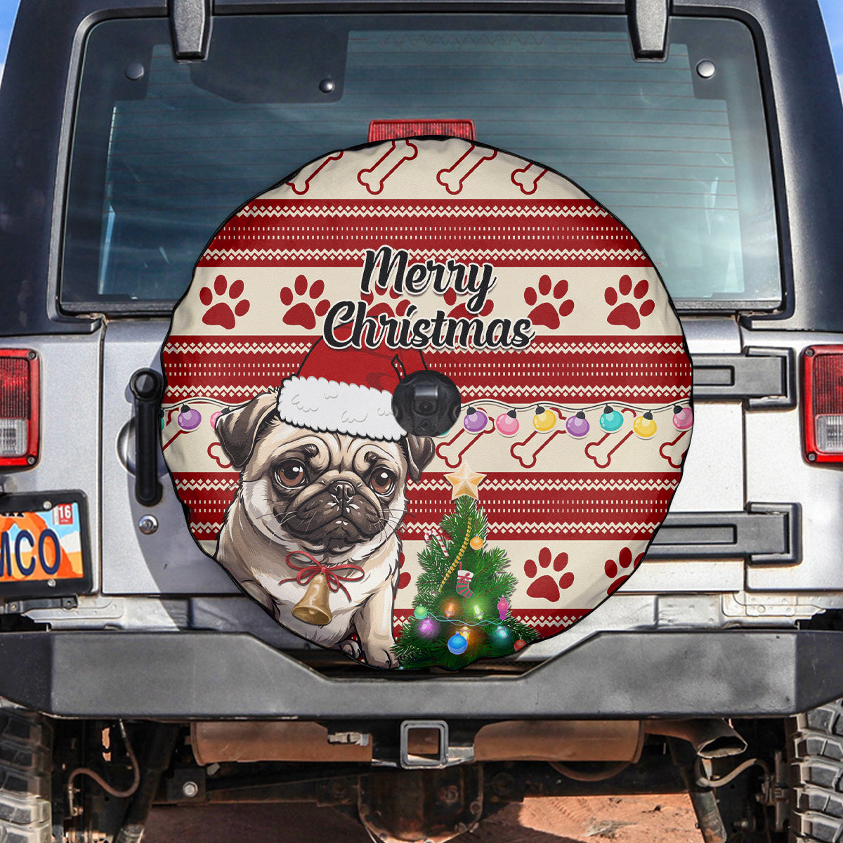 Custom Dog Christmas Spare Tire Cover Cute Pug Dog With Xmas Tree - Wonder Print Shop