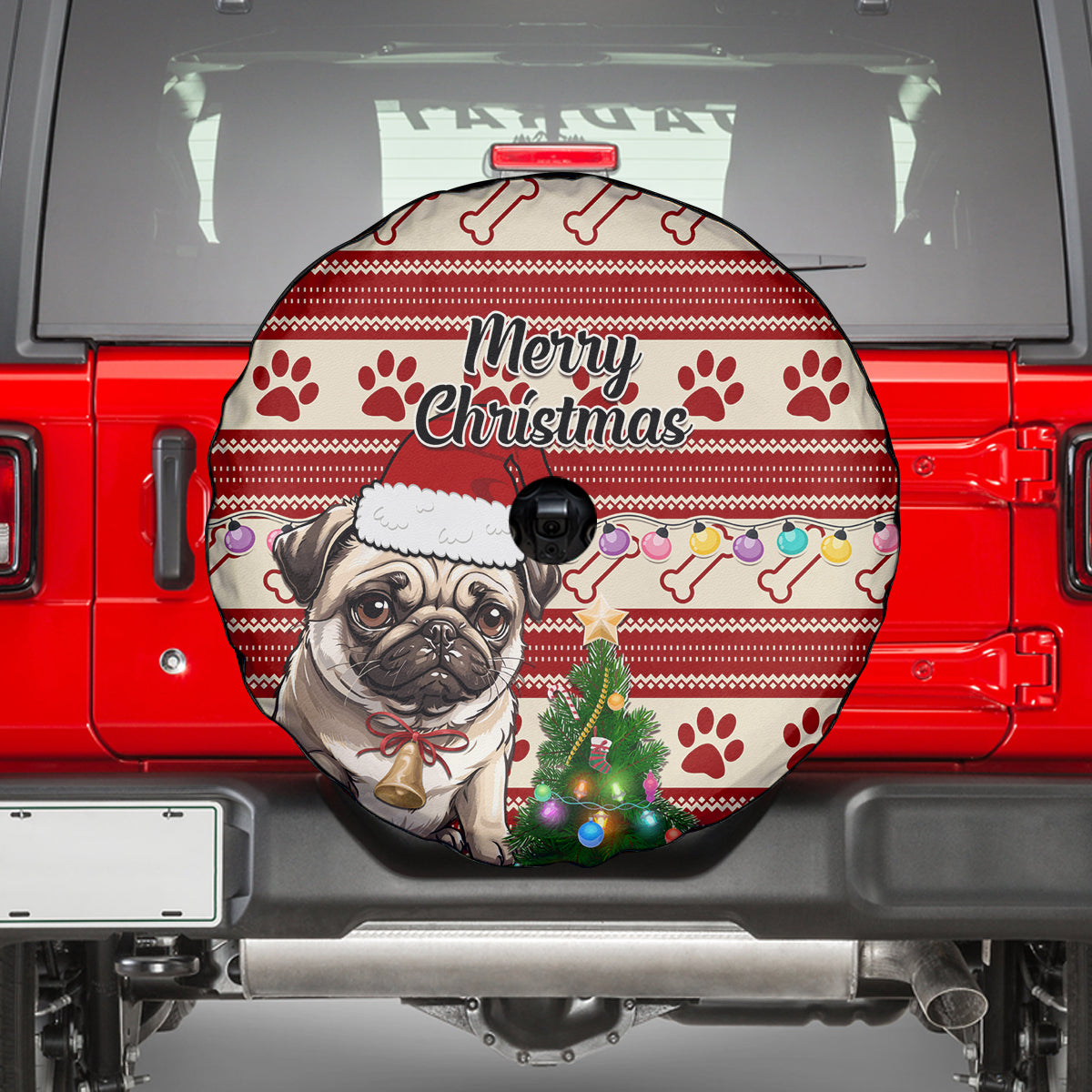 Custom Dog Christmas Spare Tire Cover Cute Pug Dog With Xmas Tree - Wonder Print Shop