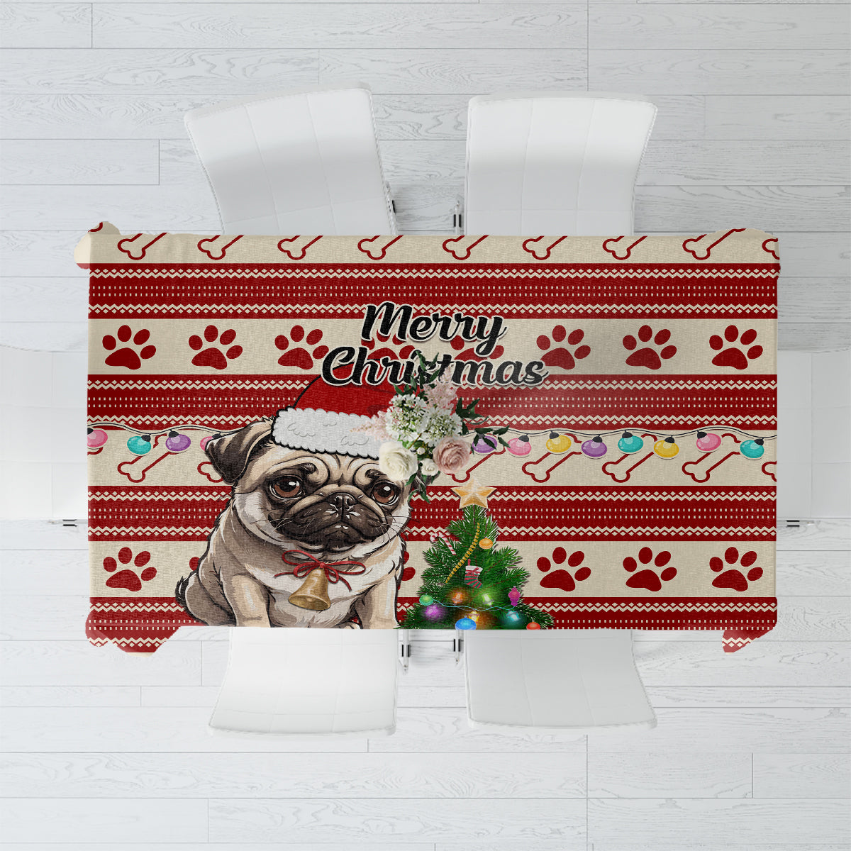 Custom Dog Christmas Tablecloth Cute Pug Dog With Xmas Tree - Wonder Print Shop