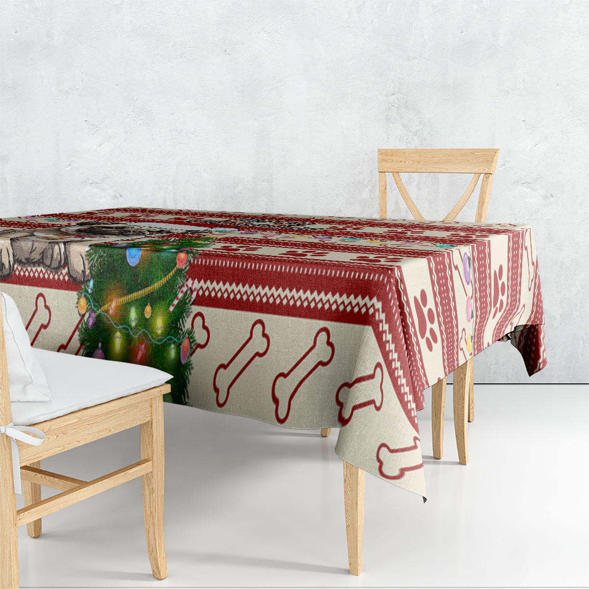 Custom Dog Christmas Tablecloth Cute Pug Dog With Xmas Tree - Wonder Print Shop
