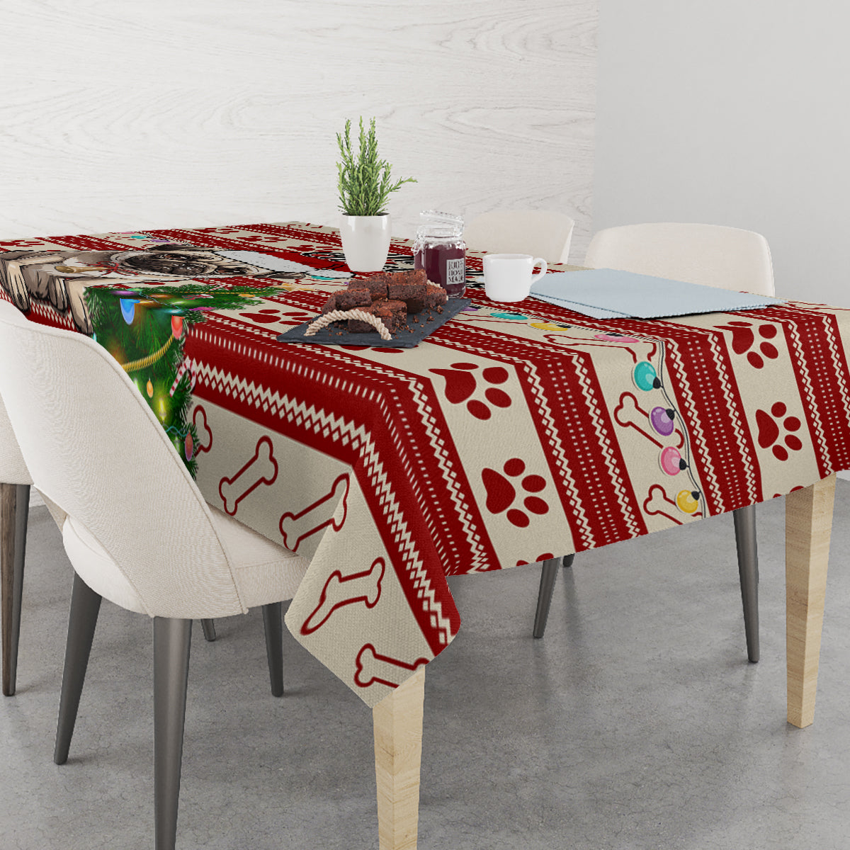Custom Dog Christmas Tablecloth Cute Pug Dog With Xmas Tree - Wonder Print Shop