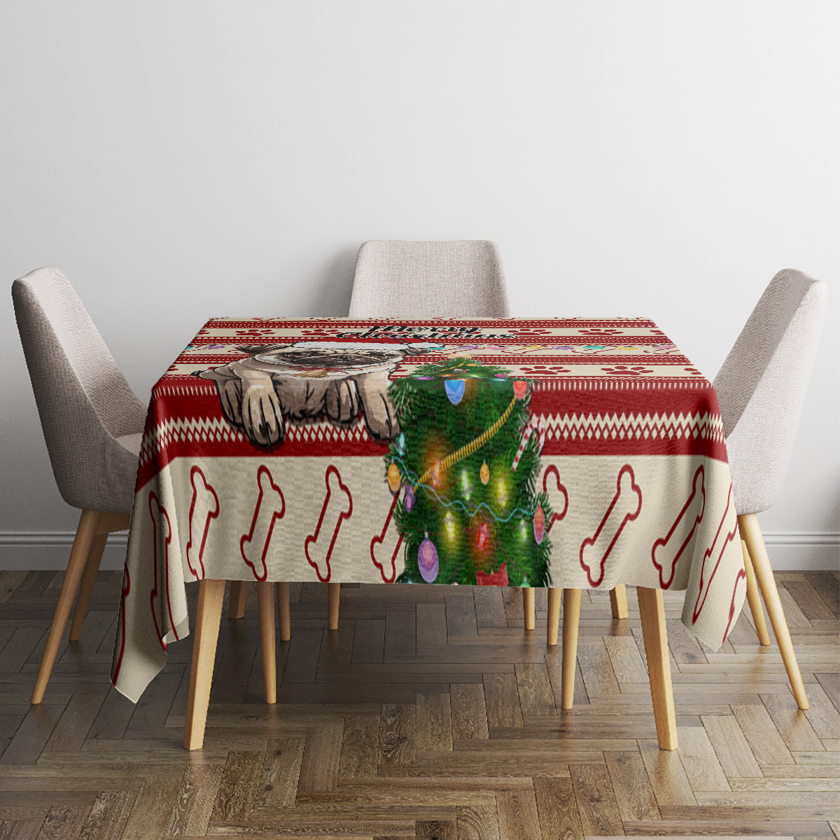 Custom Dog Christmas Tablecloth Cute Pug Dog With Xmas Tree - Wonder Print Shop
