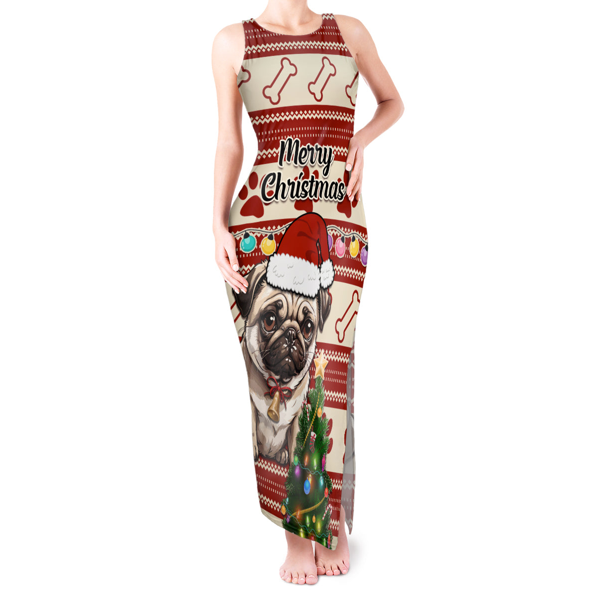 Custom Dog Christmas Tank Maxi Dress Cute Pug Dog With Xmas Tree - Wonder Print Shop