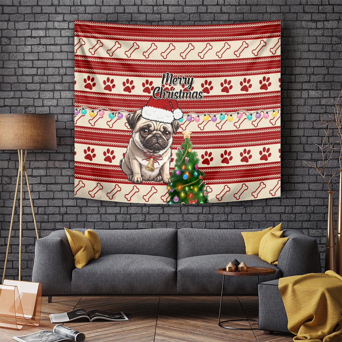Custom Dog Christmas Tapestry Cute Pug Dog With Xmas Tree - Wonder Print Shop