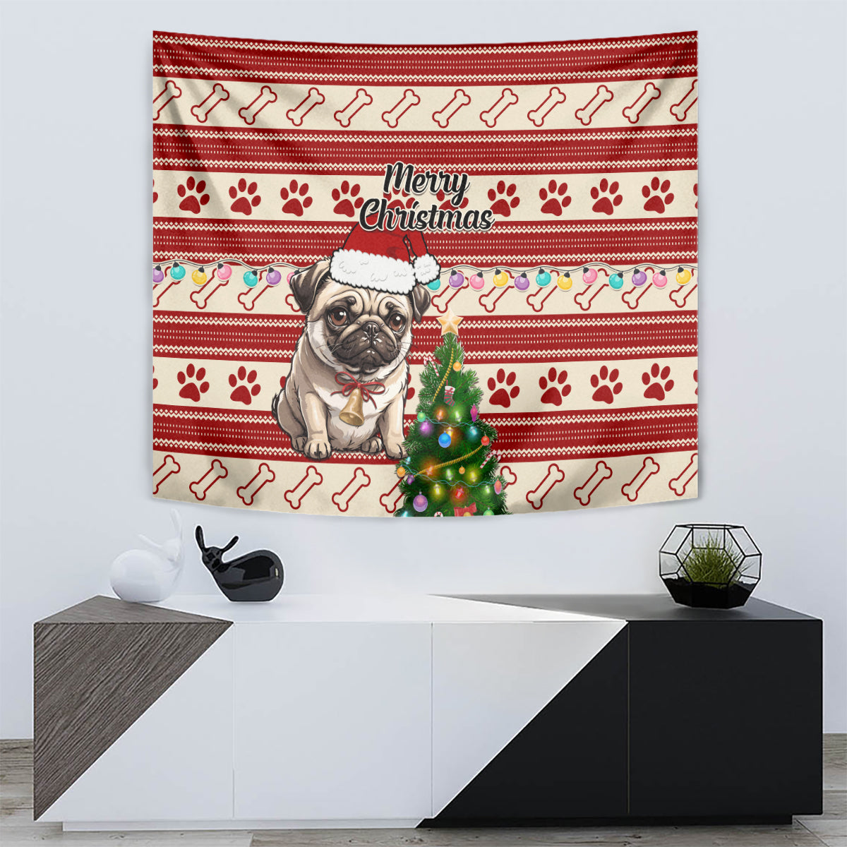 Custom Dog Christmas Tapestry Cute Pug Dog With Xmas Tree - Wonder Print Shop