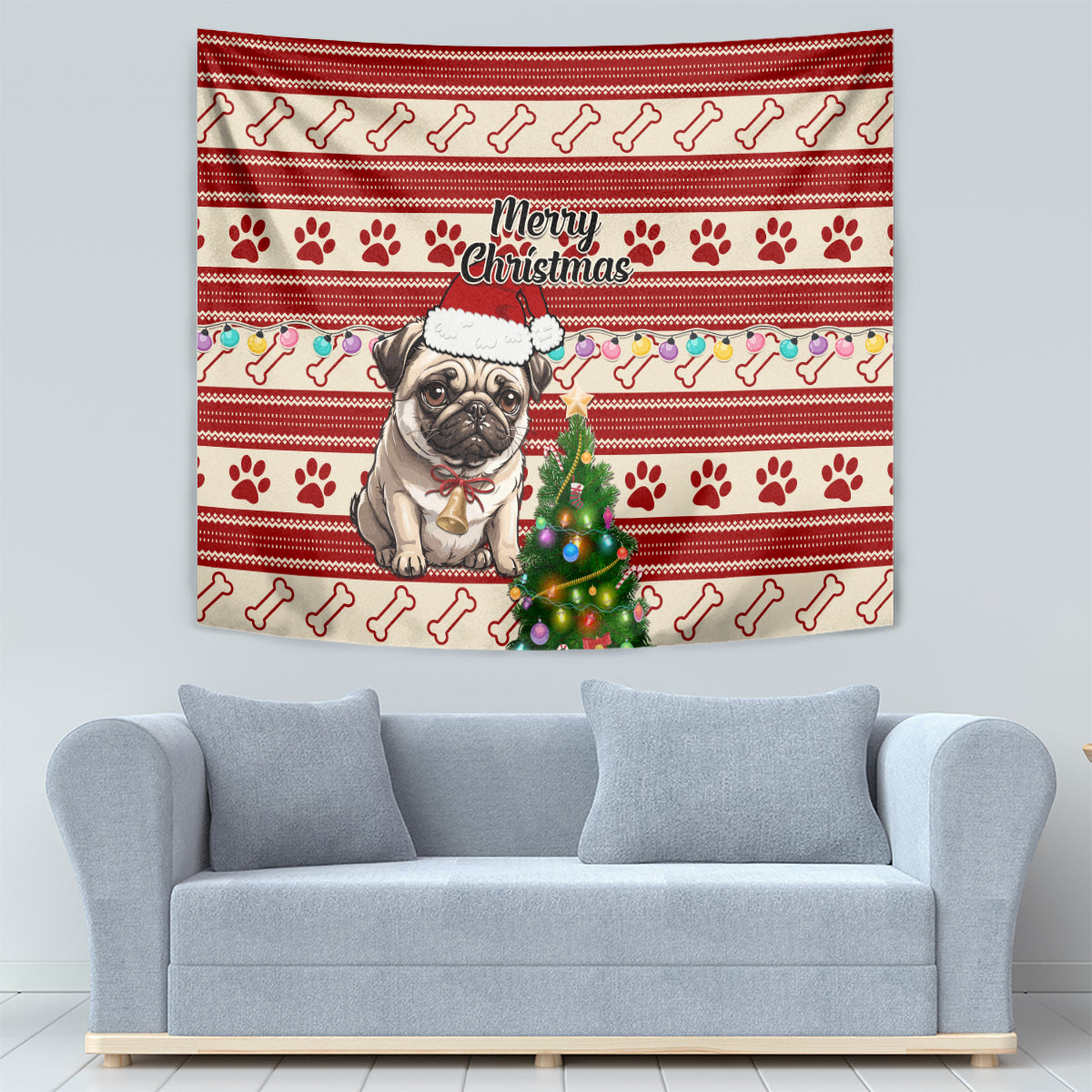 Custom Dog Christmas Tapestry Cute Pug Dog With Xmas Tree - Wonder Print Shop