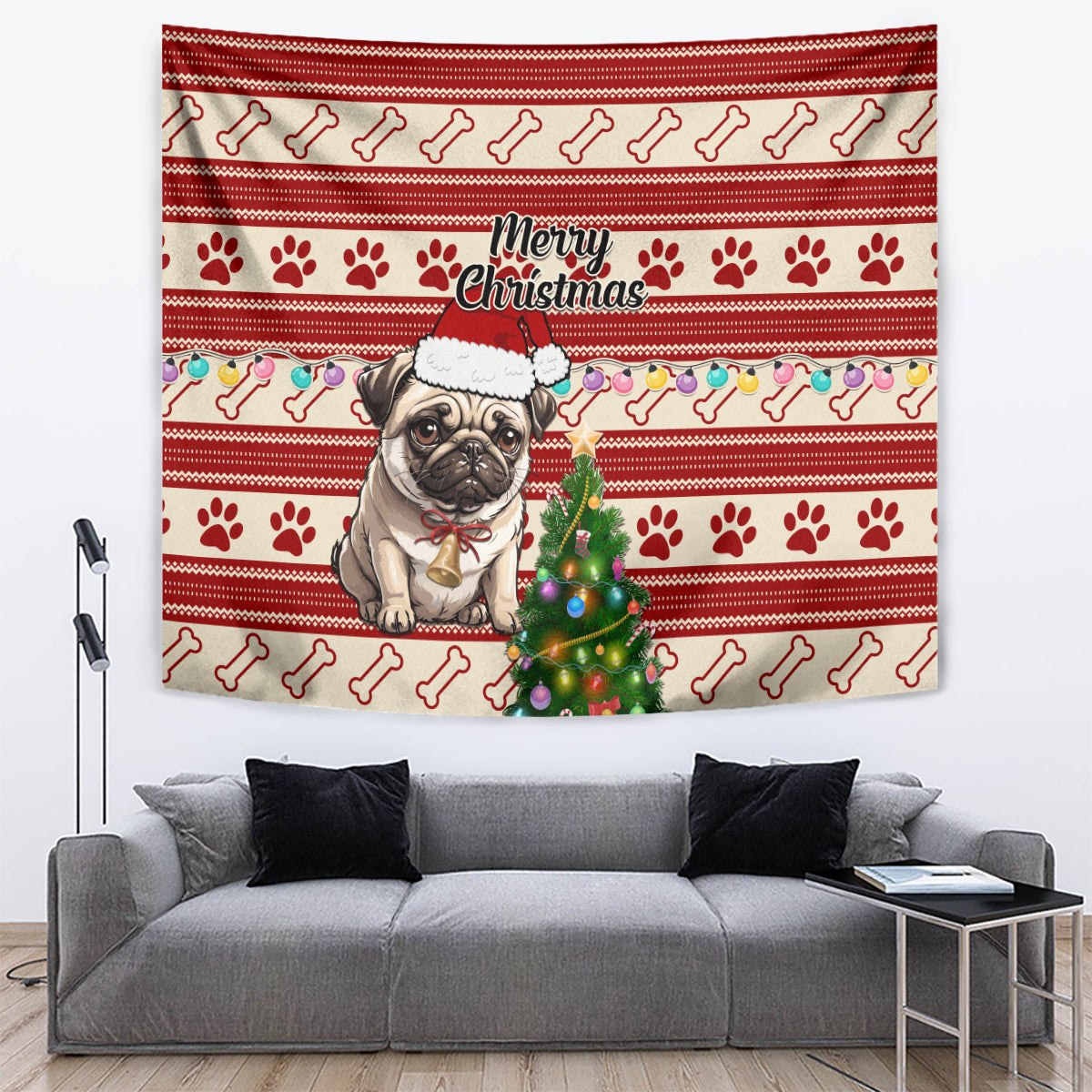 Custom Dog Christmas Tapestry Cute Pug Dog With Xmas Tree - Wonder Print Shop