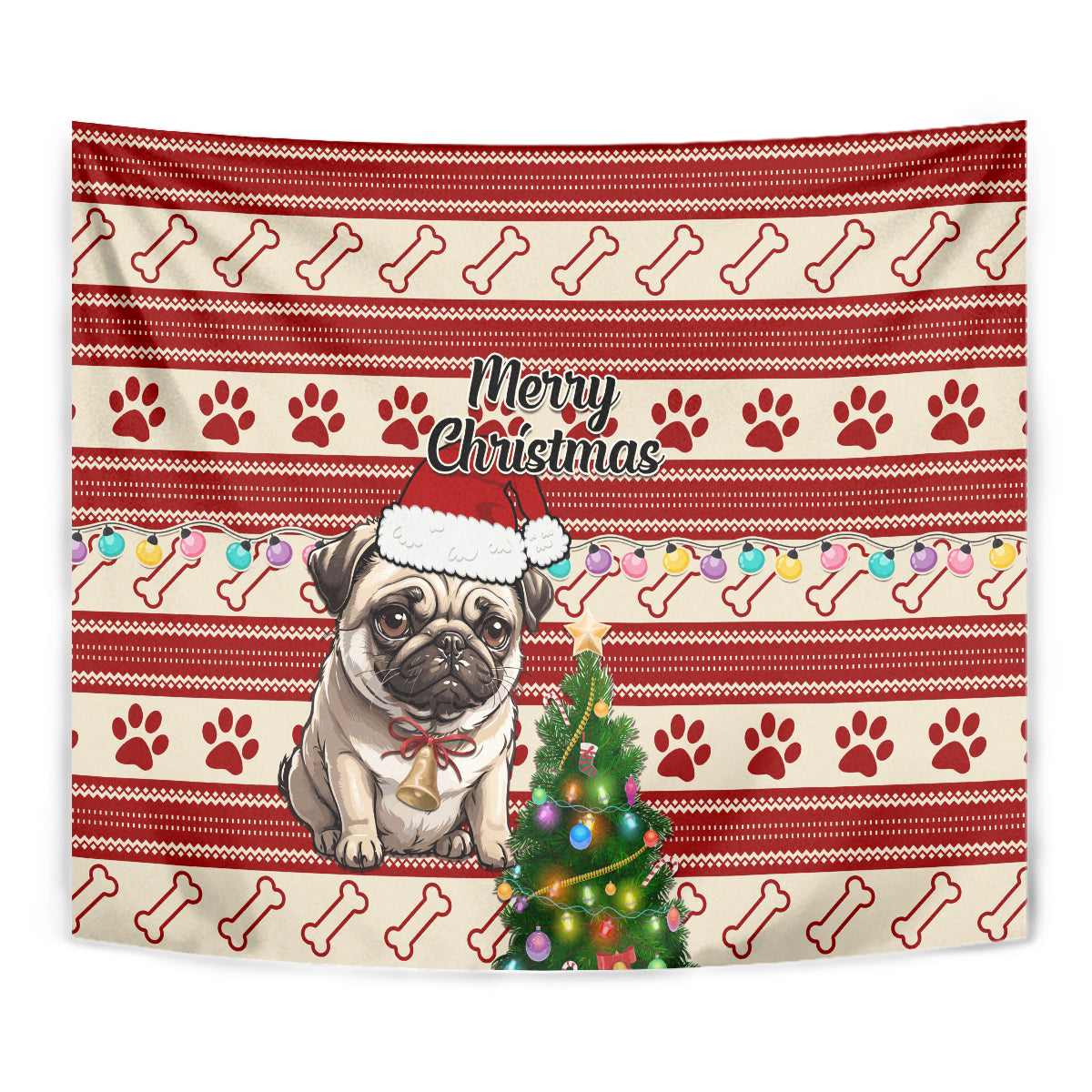 Custom Dog Christmas Tapestry Cute Pug Dog With Xmas Tree - Wonder Print Shop
