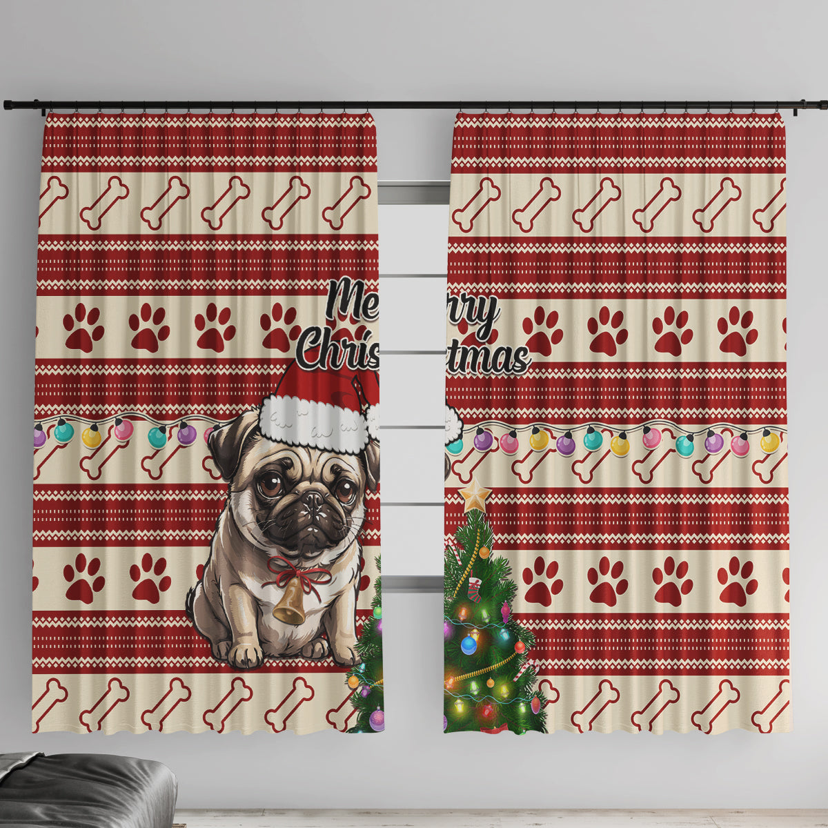 Custom Dog Christmas Window Curtain Cute Pug Dog With Xmas Tree - Wonder Print Shop