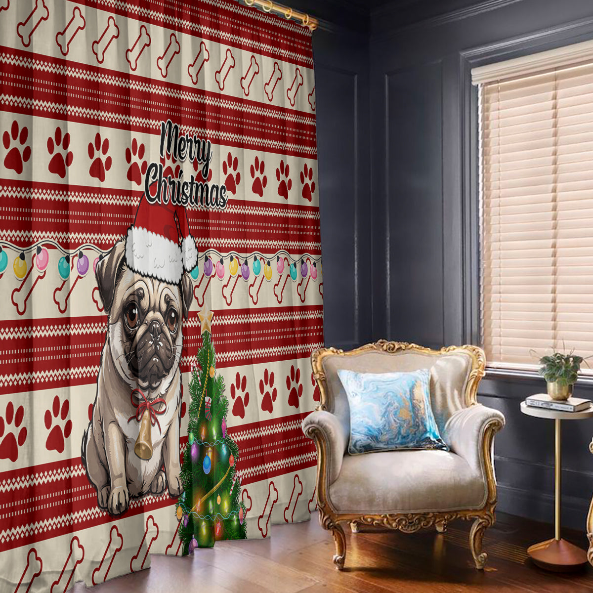 Custom Dog Christmas Window Curtain Cute Pug Dog With Xmas Tree - Wonder Print Shop